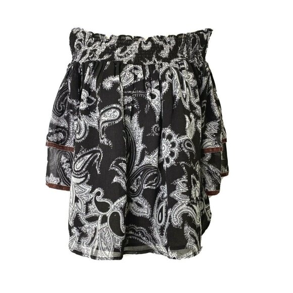 LOFT Women's Small Off Shoulder Cropped Hippie Boho Ruffled Blouse Paisley Black - Picture 1 of 10